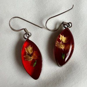 Vintage Dried Flowers Red Resin Sterling Silver Dangle Drop Hook Earrings